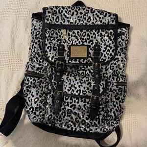 Juicy Couture Holographic Silver Sequin Leopard Print Backpack Y2K McBling Pink